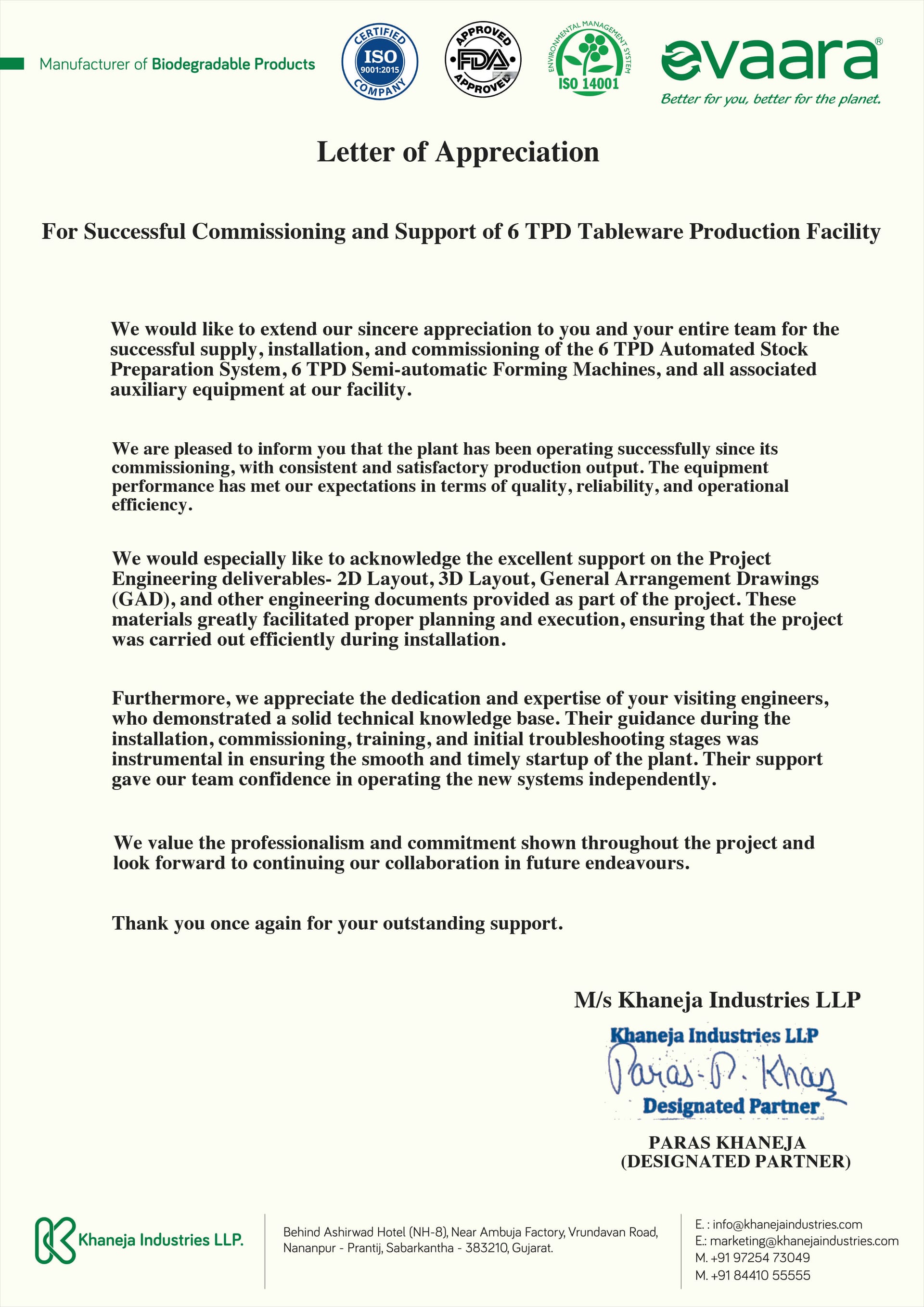 Khaneja Industries (Evaara) appreciation letter